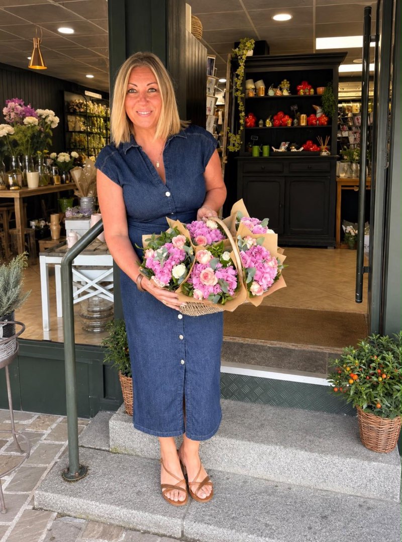 Claire le Dieu, artisane fleuriste, tenant deux paniers de bouquets roses devant la boutique